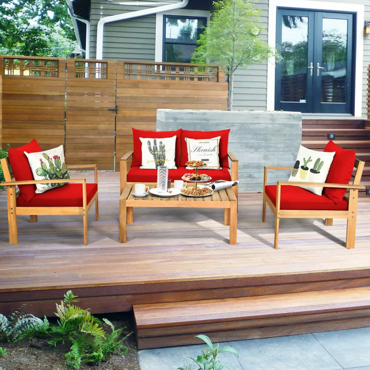Tangkula Outdoor 4-Piece Acacia Wood Chat Set