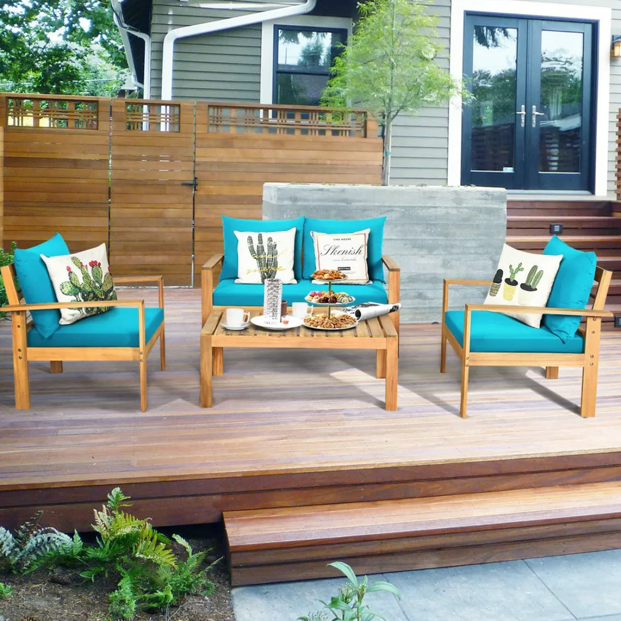 Tangkula Outdoor 4-Piece Acacia Wood Chat Set