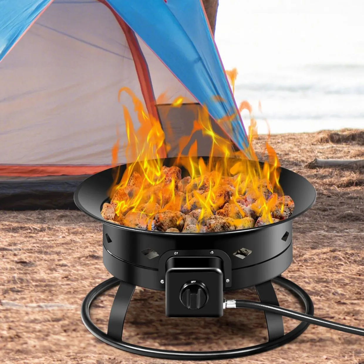 Tangkula Outdoor Portable Propane Gas Fire Pit, 58,000 BTU Gas Fire Pit with Cover, Carry Strap & Lava Rocks