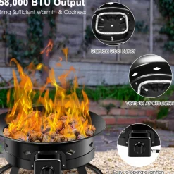 Tangkula Outdoor Portable Propane Gas Fire Pit, 58,000 BTU Gas Fire Pit with Cover, Carry Strap & Lava Rocks