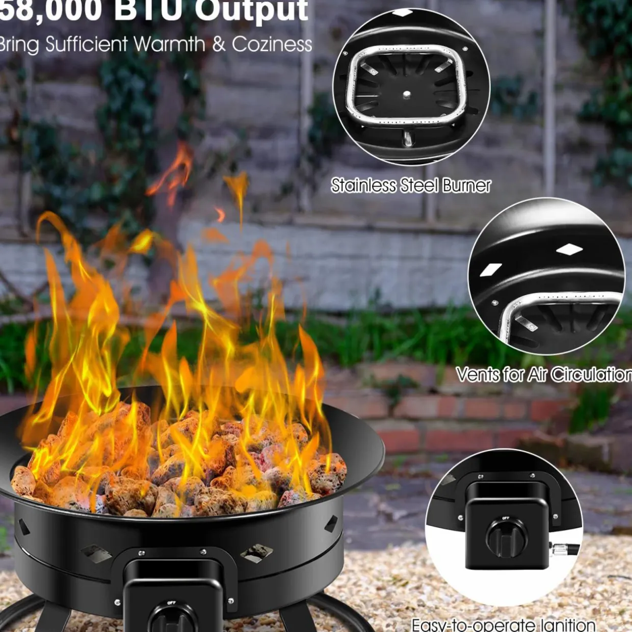 Tangkula Outdoor Portable Propane Gas Fire Pit, 58,000 BTU Gas Fire Pit with Cover, Carry Strap & Lava Rocks