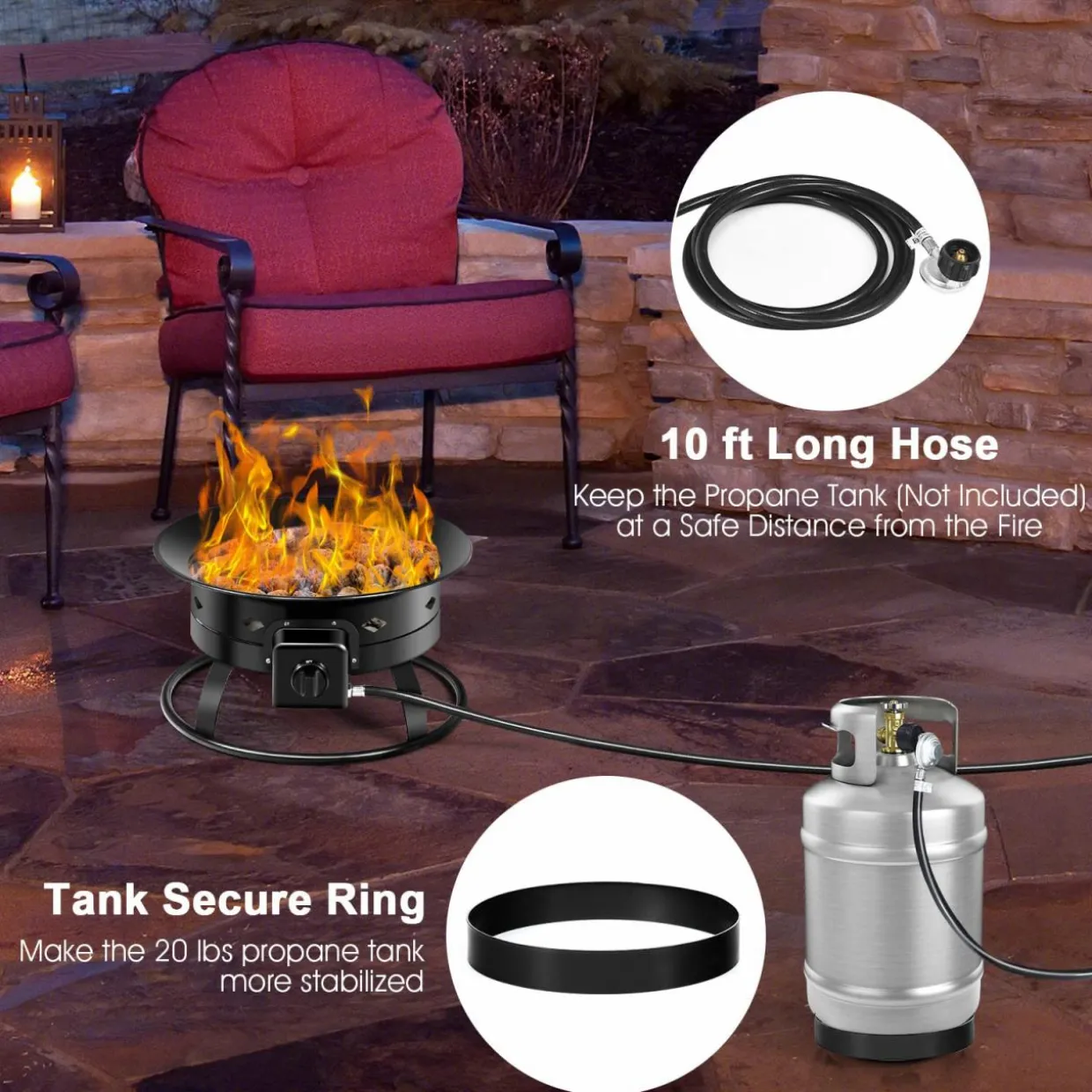 Tangkula Outdoor Portable Propane Gas Fire Pit, 58,000 BTU Gas Fire Pit with Cover, Carry Strap & Lava Rocks