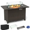 Tangkula Outdoor Propane Fire Pit Table, 42 Inch Rectangular Rattan Fire Table with Wind Guard & Glass Rocks