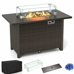 Tangkula Outdoor Propane Fire Pit Table, 42 Inch Rectangular Rattan Fire Table with Wind Guard & Glass Rocks