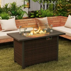Tangkula Outdoor Propane Fire Pit Table, 42 Inch Rectangular Rattan Fire Table with Wind Guard & Glass Rocks