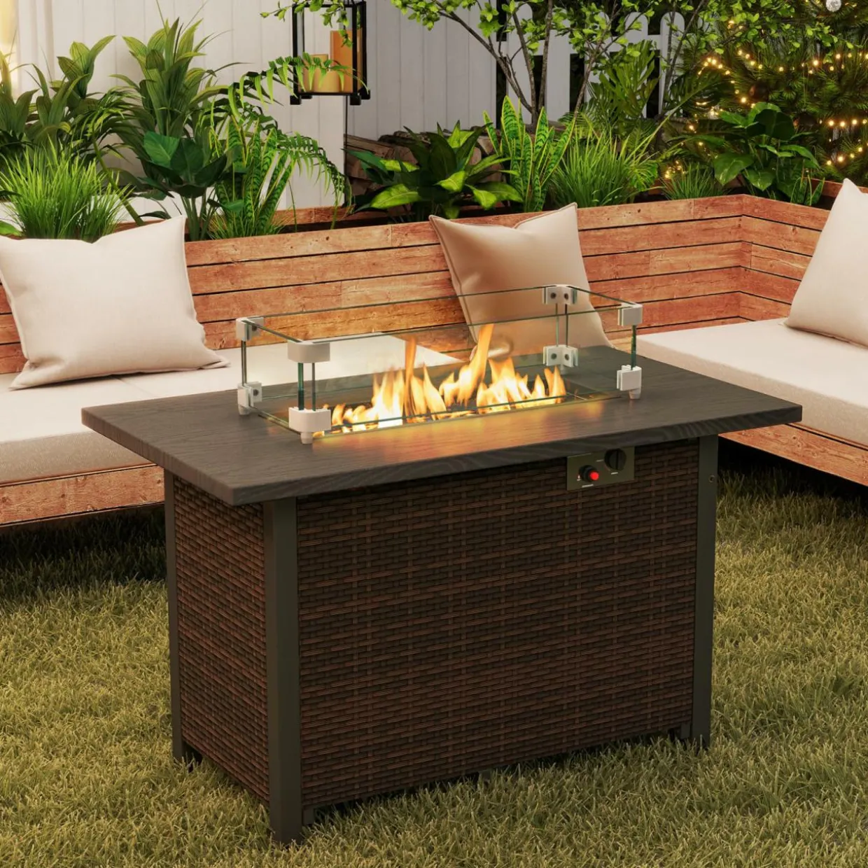 Tangkula Outdoor Propane Fire Pit Table, 42 Inch Rectangular Rattan Fire Table with Wind Guard & Glass Rocks