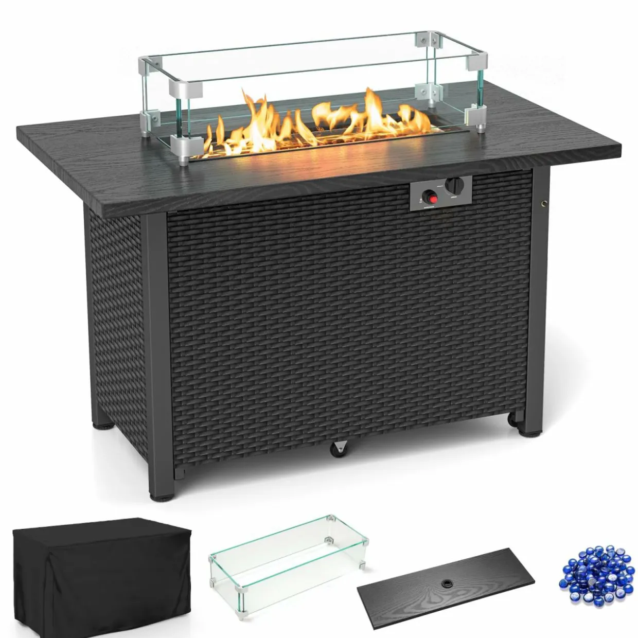 Tangkula Outdoor Propane Fire Pit Table, 42 Inch Rectangular Rattan Fire Table with Wind Guard & Glass Rocks