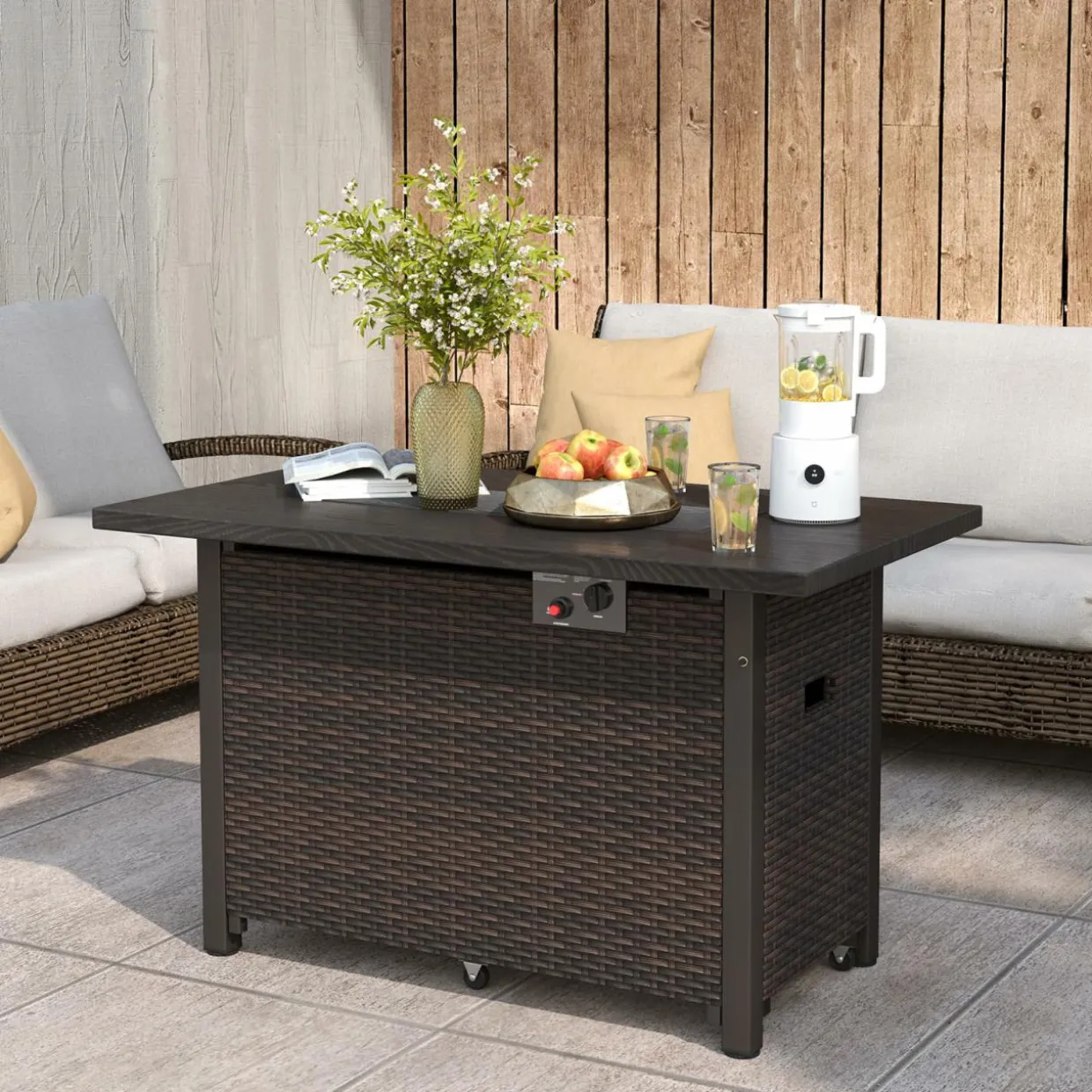 Tangkula Outdoor Propane Fire Pit Table, 42 Inch Rectangular Rattan Fire Table with Wind Guard & Glass Rocks