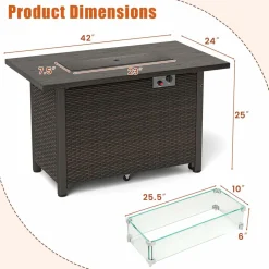Tangkula Outdoor Propane Fire Pit Table, 42 Inch Rectangular Rattan Fire Table with Wind Guard & Glass Rocks