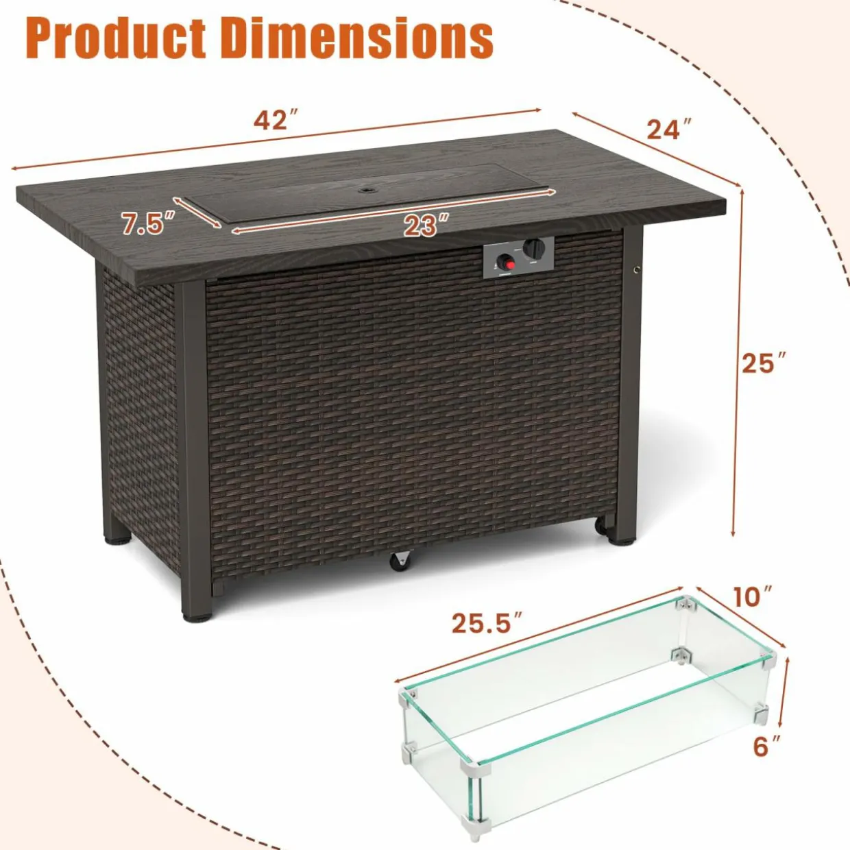 Tangkula Outdoor Propane Fire Pit Table, 42 Inch Rectangular Rattan Fire Table with Wind Guard & Glass Rocks