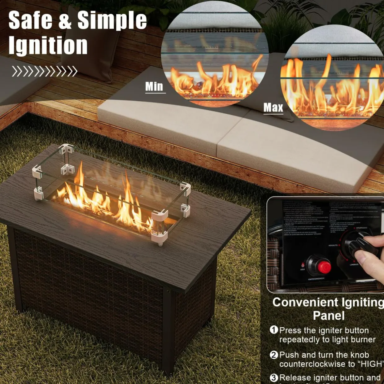 Tangkula Outdoor Propane Fire Pit Table, 42 Inch Rectangular Rattan Fire Table with Wind Guard & Glass Rocks