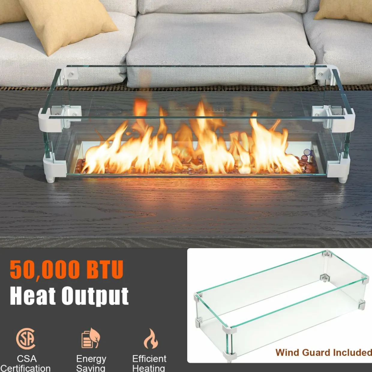 Tangkula Outdoor Propane Fire Pit Table, 42 Inch Rectangular Rattan Fire Table with Wind Guard & Glass Rocks