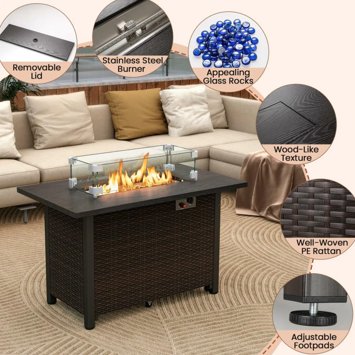 Tangkula Outdoor Propane Fire Pit Table, 42 Inch Rectangular Rattan Fire Table with Wind Guard & Glass Rocks