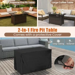 Tangkula Outdoor Propane Fire Pit Table, 42 Inch Rectangular Rattan Fire Table with Wind Guard & Glass Rocks