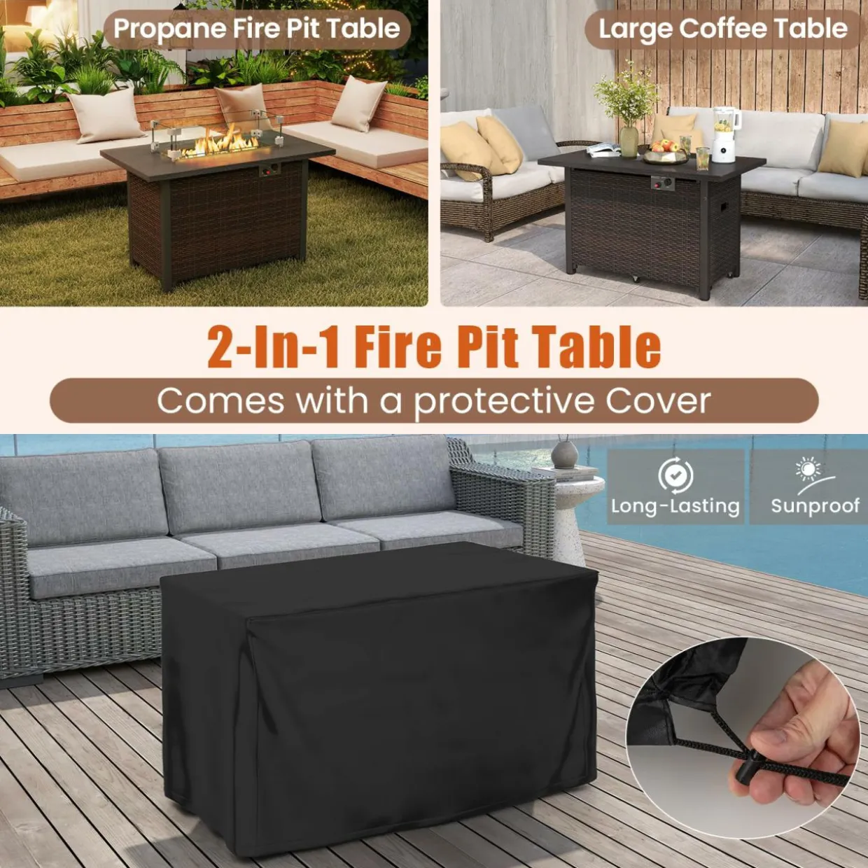 Tangkula Outdoor Propane Fire Pit Table, 42 Inch Rectangular Rattan Fire Table with Wind Guard & Glass Rocks