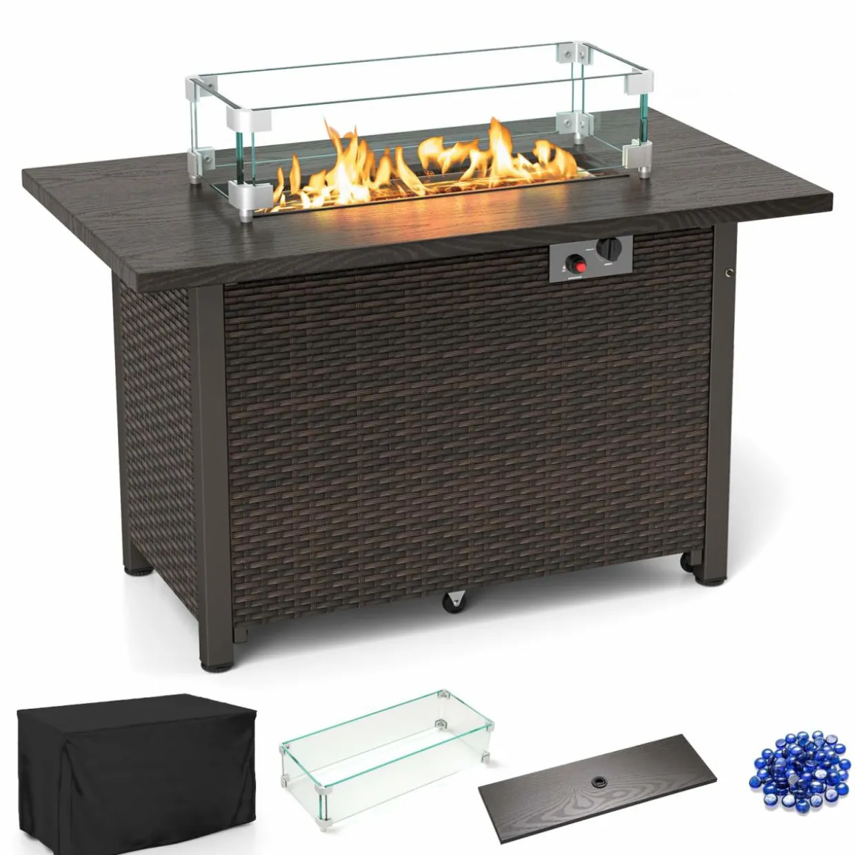 Tangkula Outdoor Propane Fire Pit Table, 42 Inch Rectangular Rattan Fire Table with Wind Guard & Glass Rocks