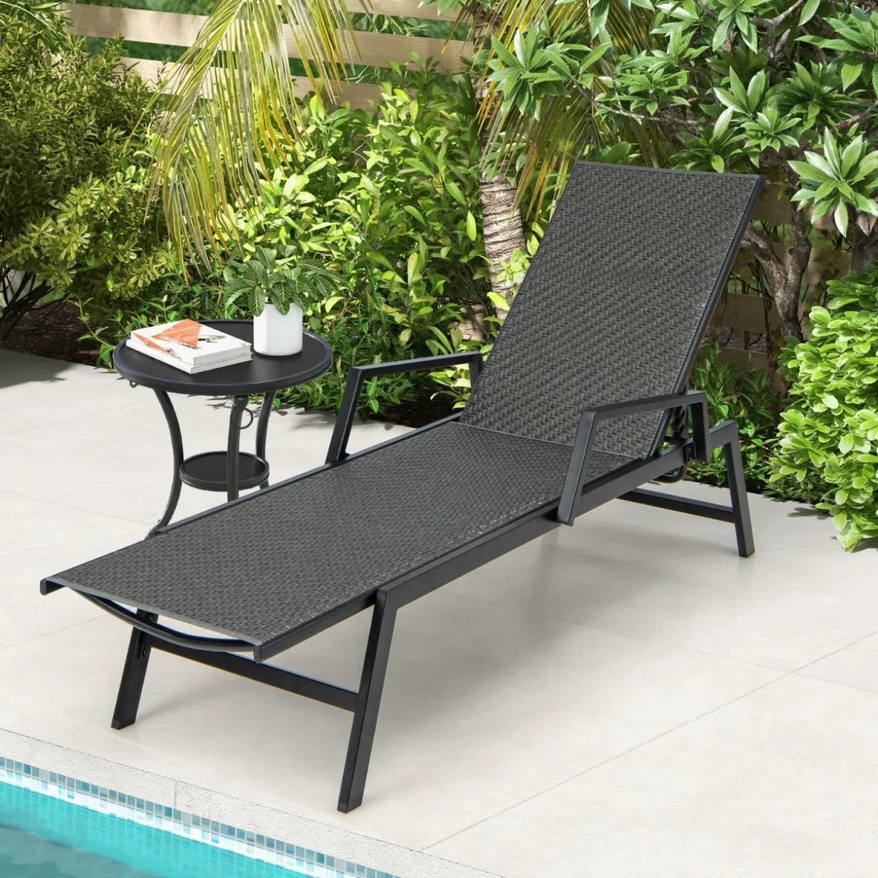 Tangkula Outdoor Rattan Chaise Lounge, Woven PE Wicker Reclining Chair with Armrests & 5-Position Backrest