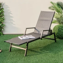 Tangkula Outdoor Rattan Chaise Lounge, Woven PE Wicker Reclining Chair with Armrests & 5-Position Backrest
