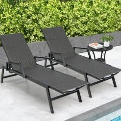 Tangkula Outdoor Rattan Chaise Lounge, Woven PE Wicker Reclining Chair with Armrests & 5-Position Backrest