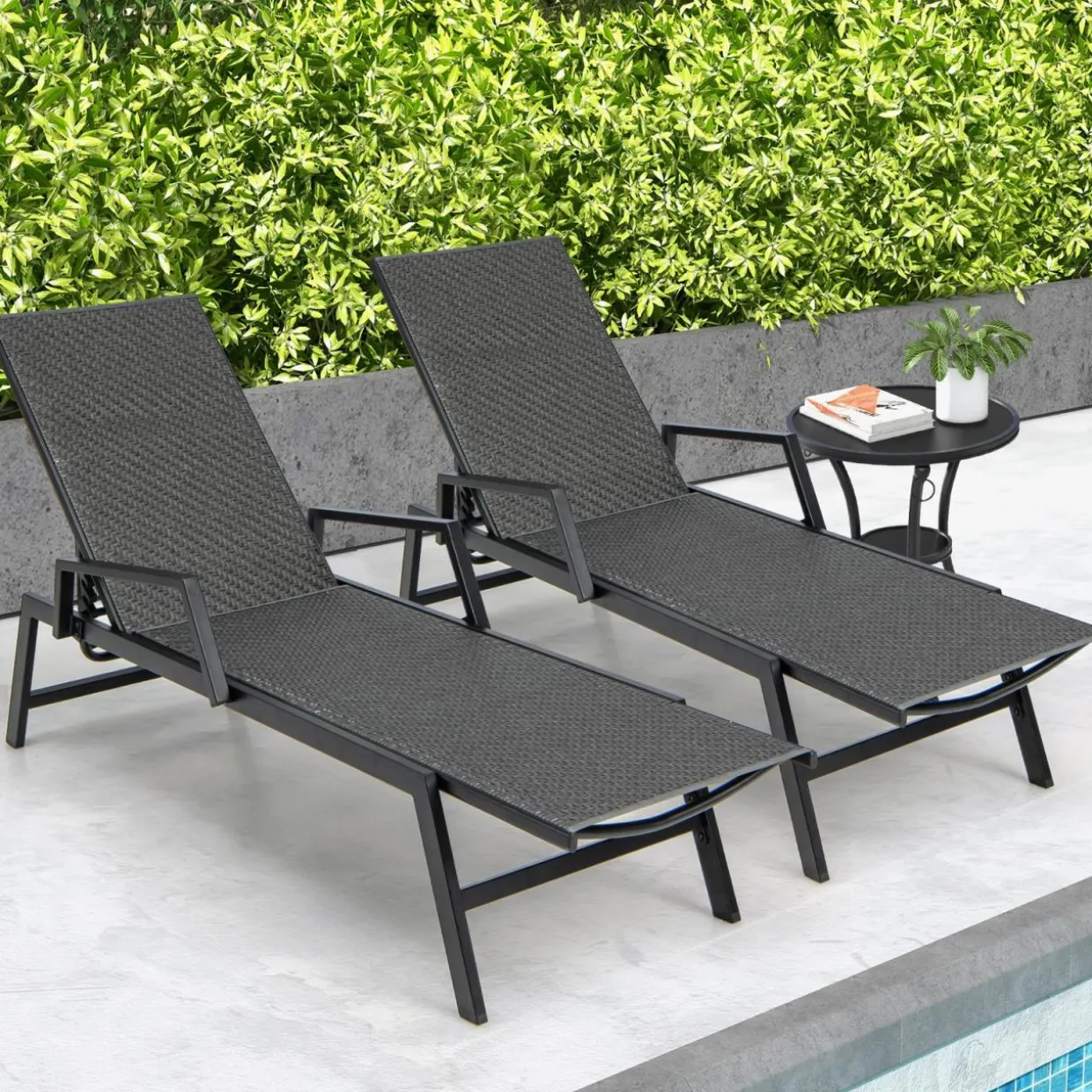 Tangkula Outdoor Rattan Chaise Lounge, Woven PE Wicker Reclining Chair with Armrests & 5-Position Backrest