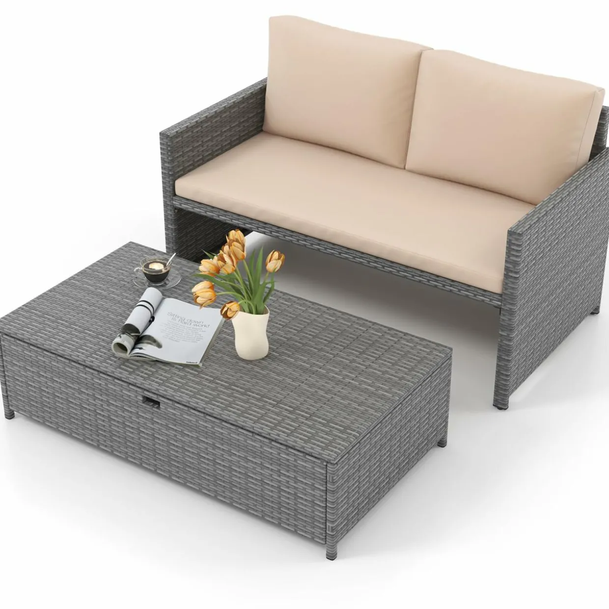 Tangkula Outdoor Rattan Daybed, Wicker Loveseat & 31 Gallon Storage Ottoman w/Soft Cushions