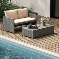 Tangkula Outdoor Rattan Daybed, Wicker Loveseat & 31 Gallon Storage Ottoman w/Soft Cushions