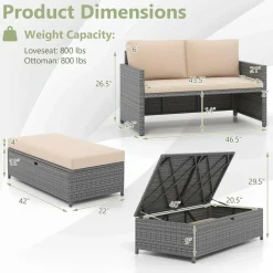 Tangkula Outdoor Rattan Daybed, Wicker Loveseat & 31 Gallon Storage Ottoman w/Soft Cushions