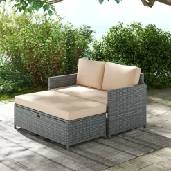 Tangkula Outdoor Rattan Daybed, Wicker Loveseat & 31 Gallon Storage Ottoman w/Soft Cushions