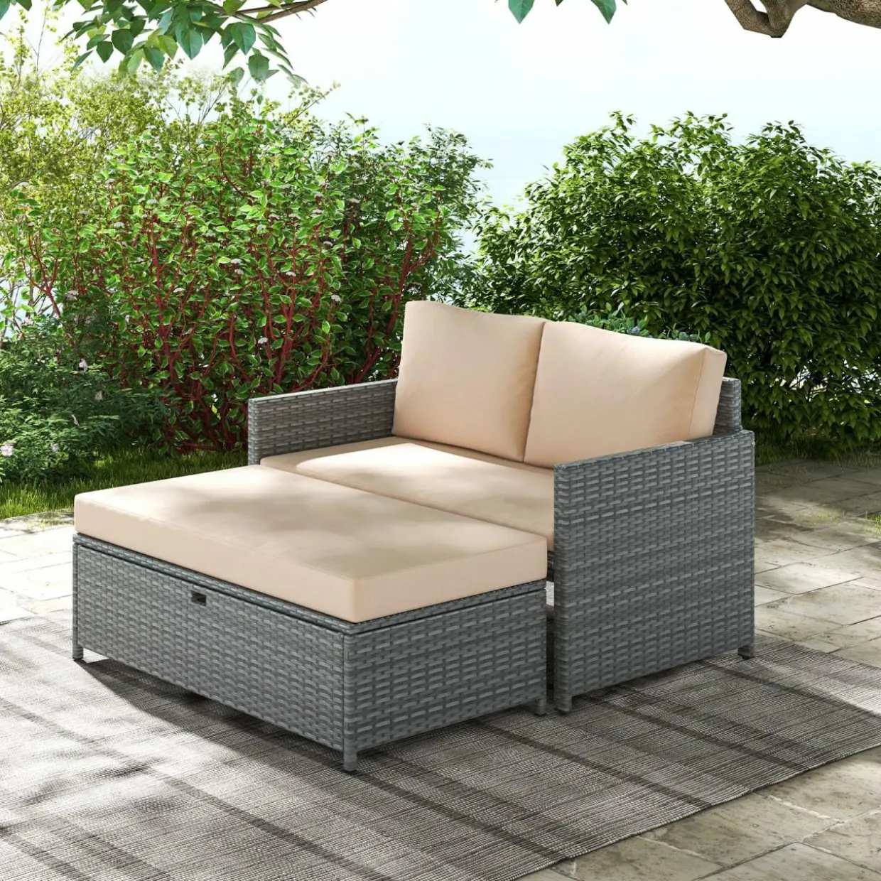 Tangkula Outdoor Rattan Daybed, Wicker Loveseat & 31 Gallon Storage Ottoman w/Soft Cushions