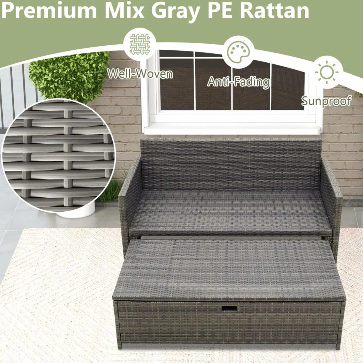 Tangkula Outdoor Rattan Daybed, Wicker Loveseat & 31 Gallon Storage Ottoman w/Soft Cushions