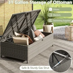 Tangkula Outdoor Rattan Daybed, Wicker Loveseat & 31 Gallon Storage Ottoman w/Soft Cushions