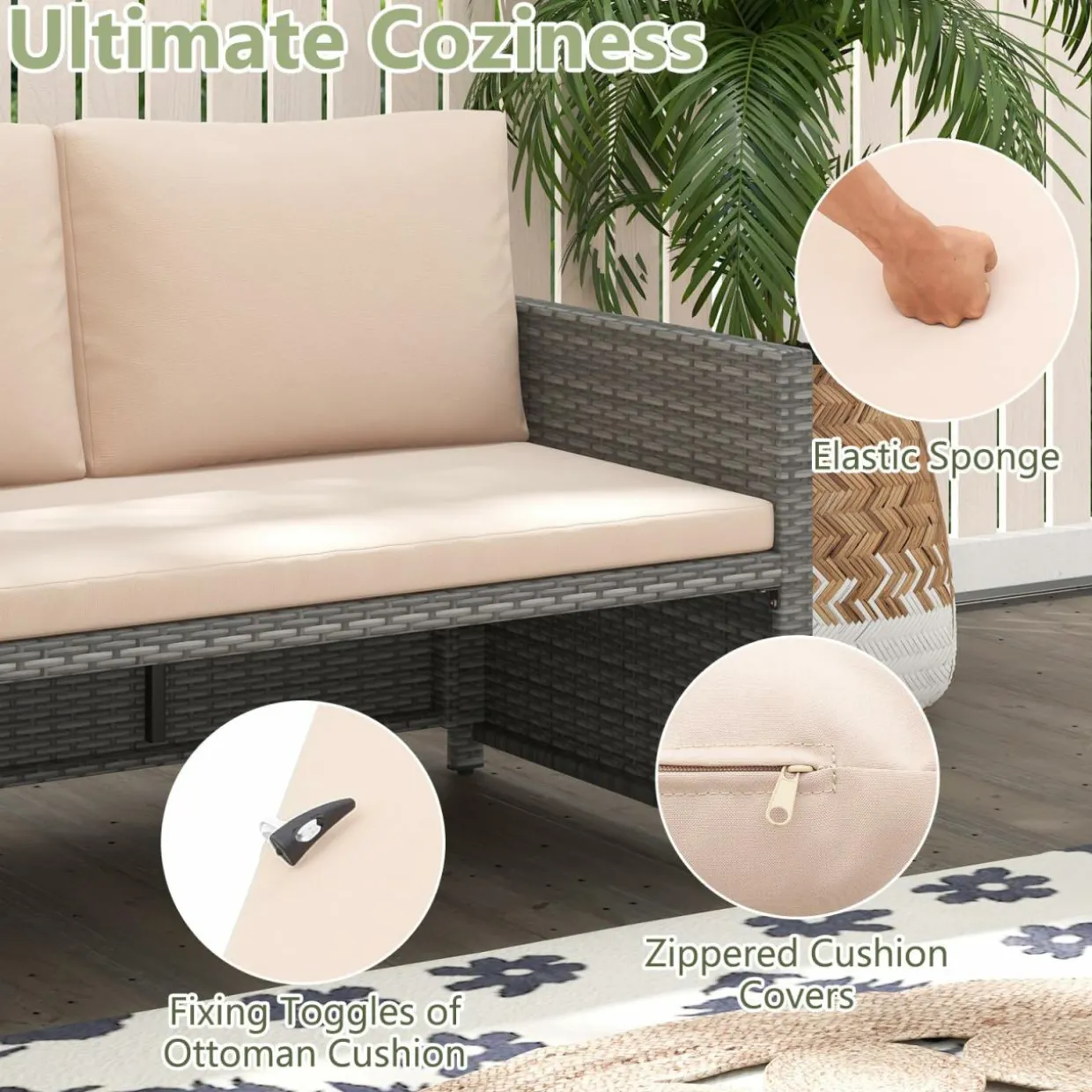 Tangkula Outdoor Rattan Daybed, Wicker Loveseat & 31 Gallon Storage Ottoman w/Soft Cushions