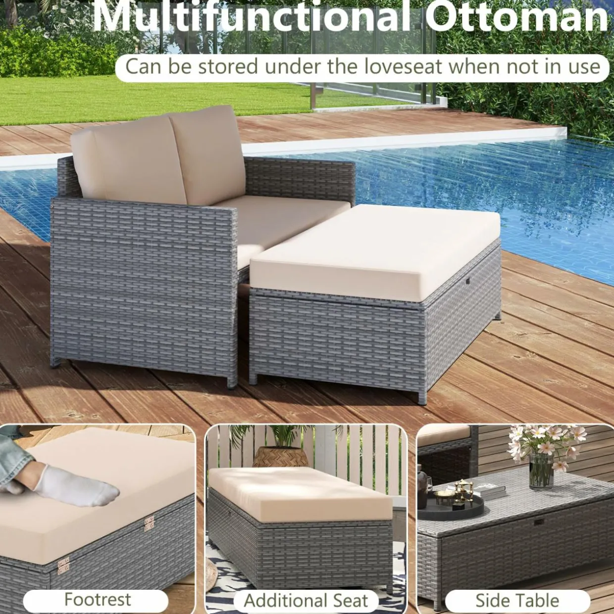 Tangkula Outdoor Rattan Daybed, Wicker Loveseat & 31 Gallon Storage Ottoman w/Soft Cushions