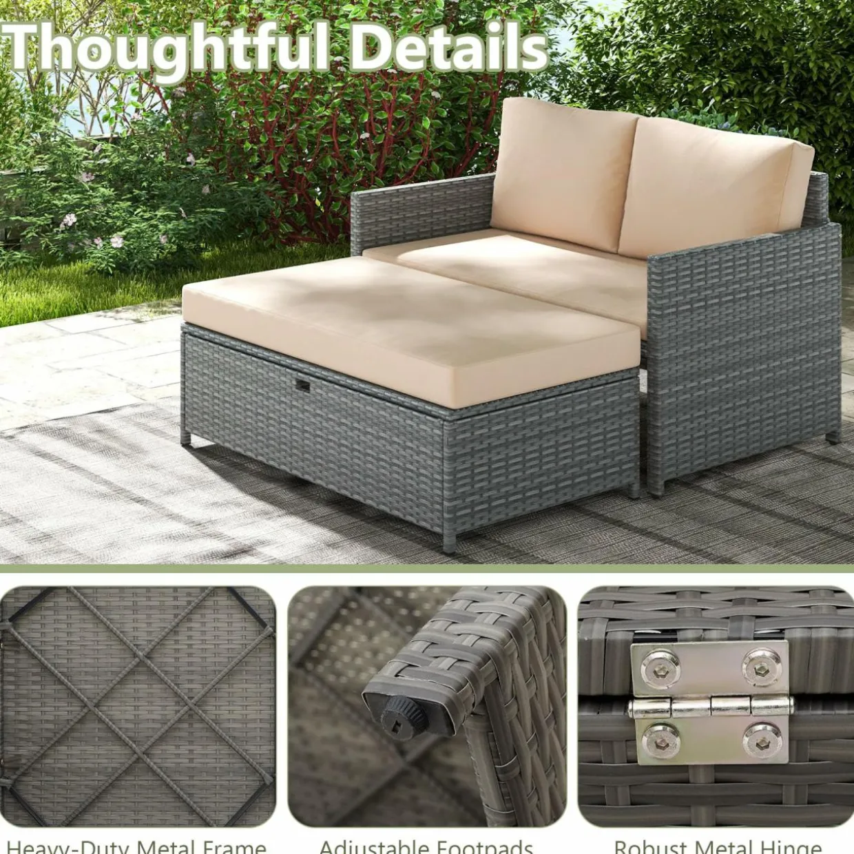Tangkula Outdoor Rattan Daybed, Wicker Loveseat & 31 Gallon Storage Ottoman w/Soft Cushions