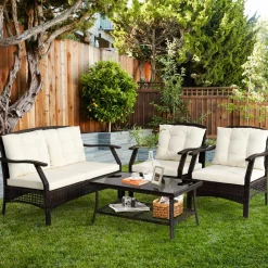 Tangkula Outdoor Rattan Furniture Set, Patiojoy Outdoor Wicker Sofa Set