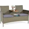 Tangkula Outdoor Rattan Loveseat, Patio 2-Person Wicker Conversation Set w/Cushion