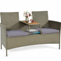 Tangkula Outdoor Rattan Loveseat, Patio 2-Person Wicker Conversation Set w/Cushion