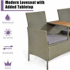 Tangkula Outdoor Rattan Loveseat, Patio 2-Person Wicker Conversation Set w/Cushion