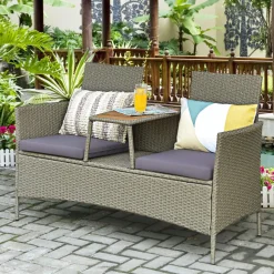 Tangkula Outdoor Rattan Loveseat, Patio 2-Person Wicker Conversation Set w/Cushion