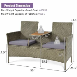 Tangkula Outdoor Rattan Loveseat, Patio 2-Person Wicker Conversation Set w/Cushion