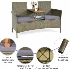 Tangkula Outdoor Rattan Loveseat, Patio 2-Person Wicker Conversation Set w/Cushion