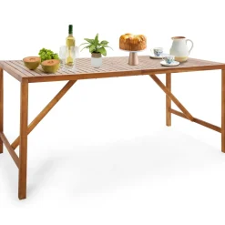 Tangkula Outdoor Rectangle Dining Table, Acacia Wood Table with 2 Inch Umbrella Hole, Spacious Slatted Tabletop for 6 Person