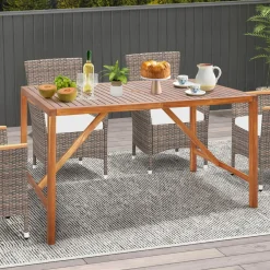 Tangkula Outdoor Rectangle Dining Table, Acacia Wood Table with 2 Inch Umbrella Hole, Spacious Slatted Tabletop for 6 Person