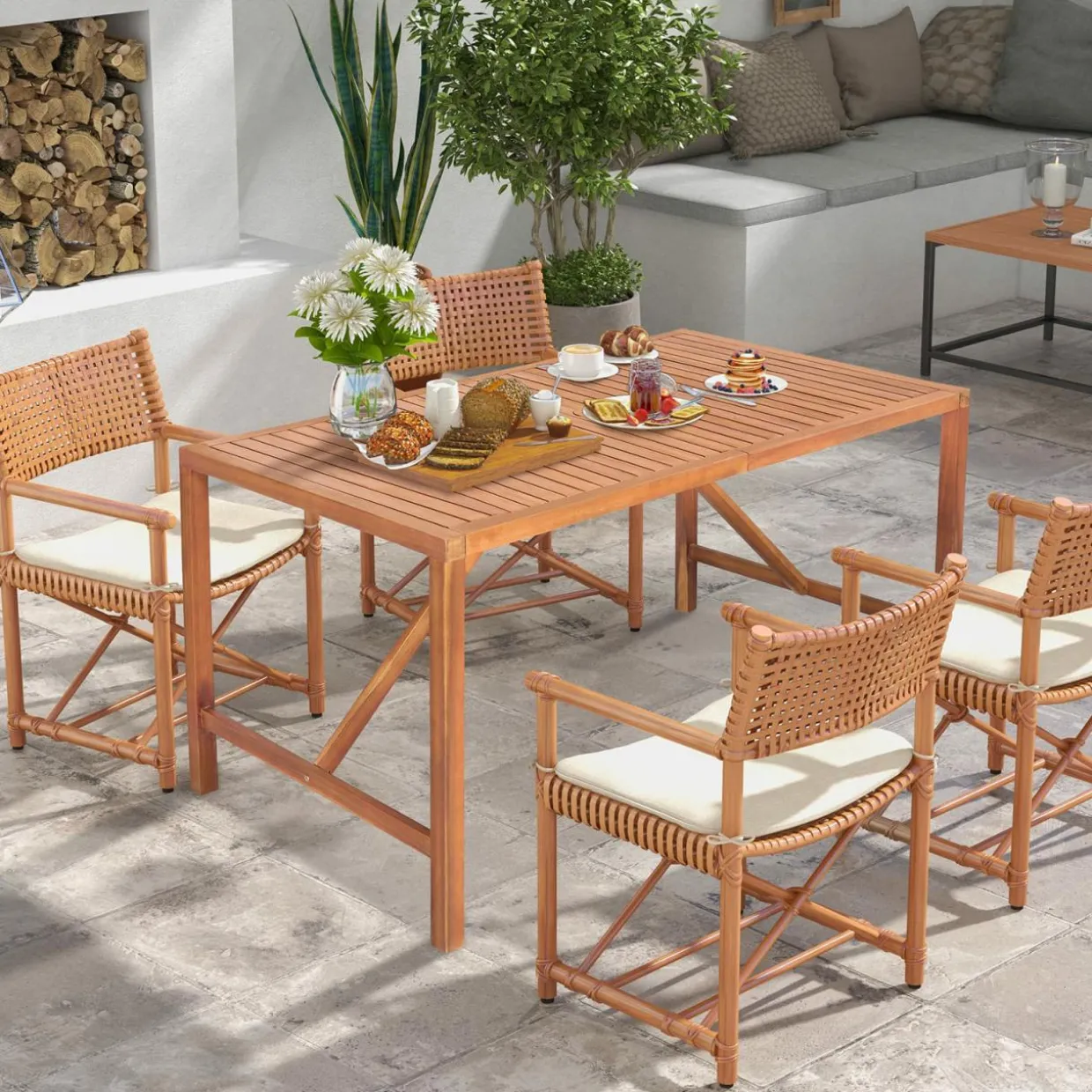 Tangkula Outdoor Rectangle Dining Table, Acacia Wood Table with 2 Inch Umbrella Hole, Spacious Slatted Tabletop for 6 Person