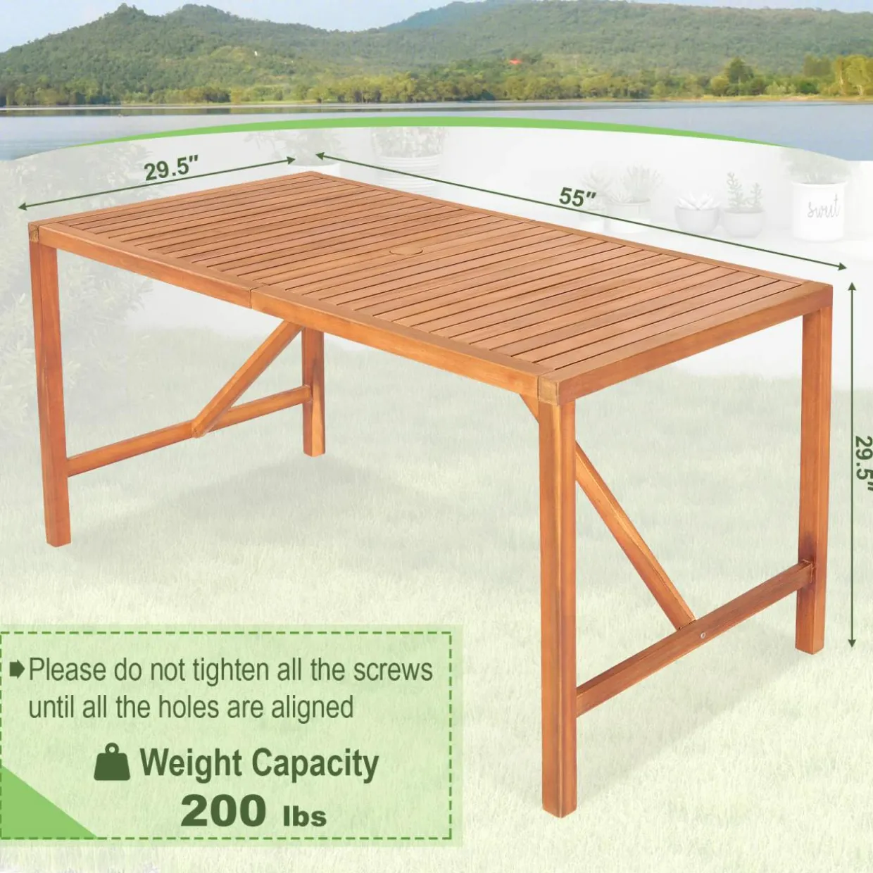 Tangkula Outdoor Rectangle Dining Table, Acacia Wood Table with 2 Inch Umbrella Hole, Spacious Slatted Tabletop for 6 Person