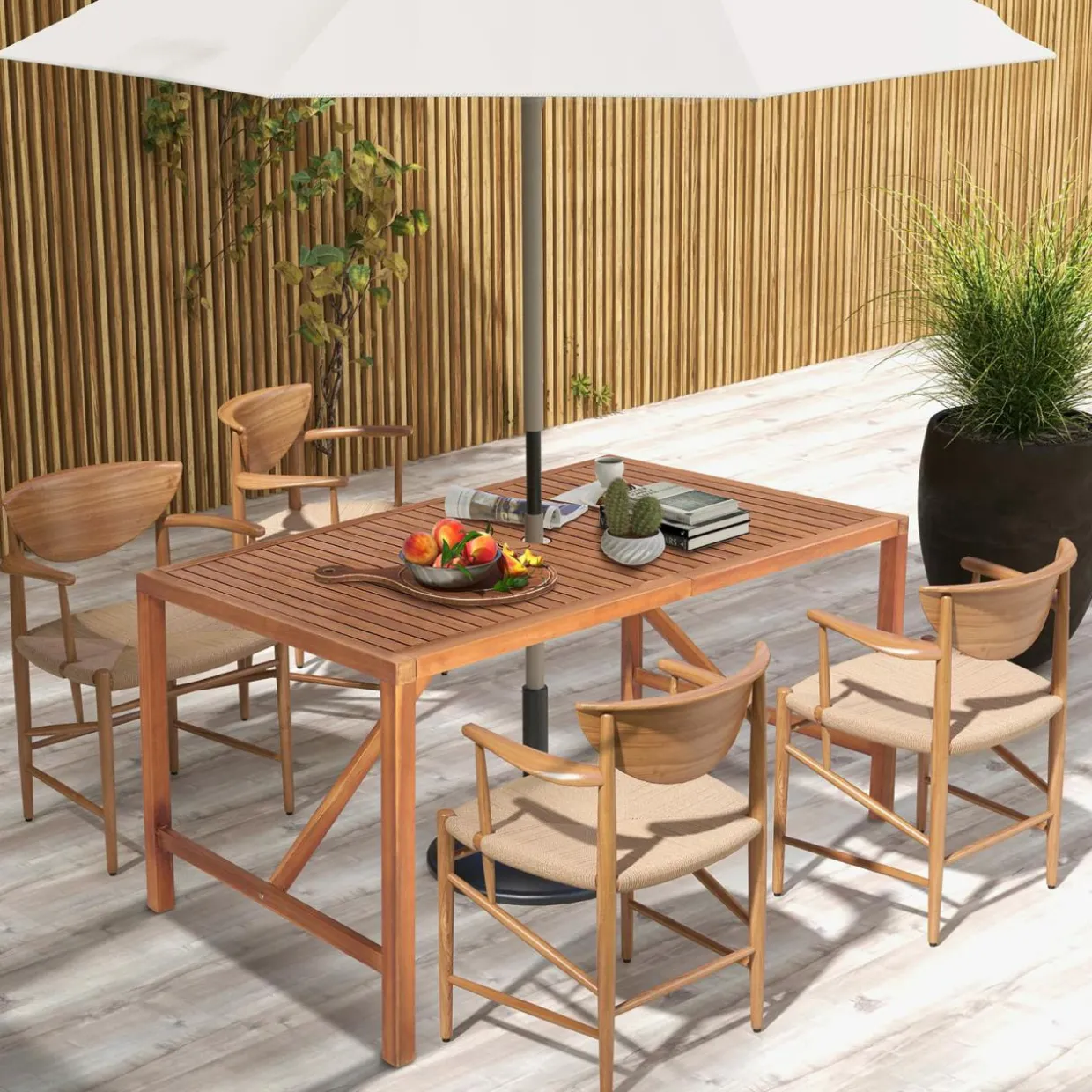 Tangkula Outdoor Rectangle Dining Table, Acacia Wood Table with 2 Inch Umbrella Hole, Spacious Slatted Tabletop for 6 Person