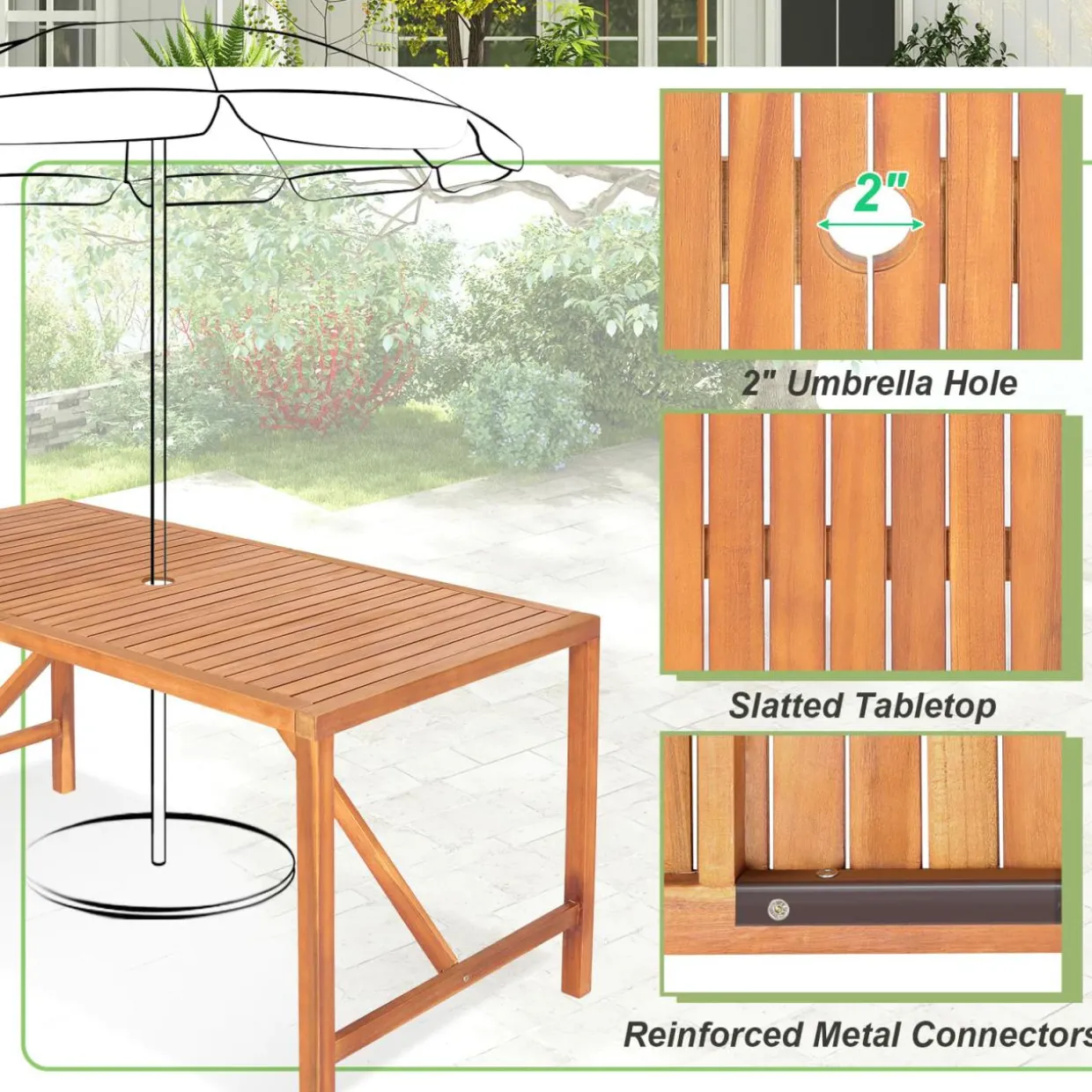 Tangkula Outdoor Rectangle Dining Table, Acacia Wood Table with 2 Inch Umbrella Hole, Spacious Slatted Tabletop for 6 Person