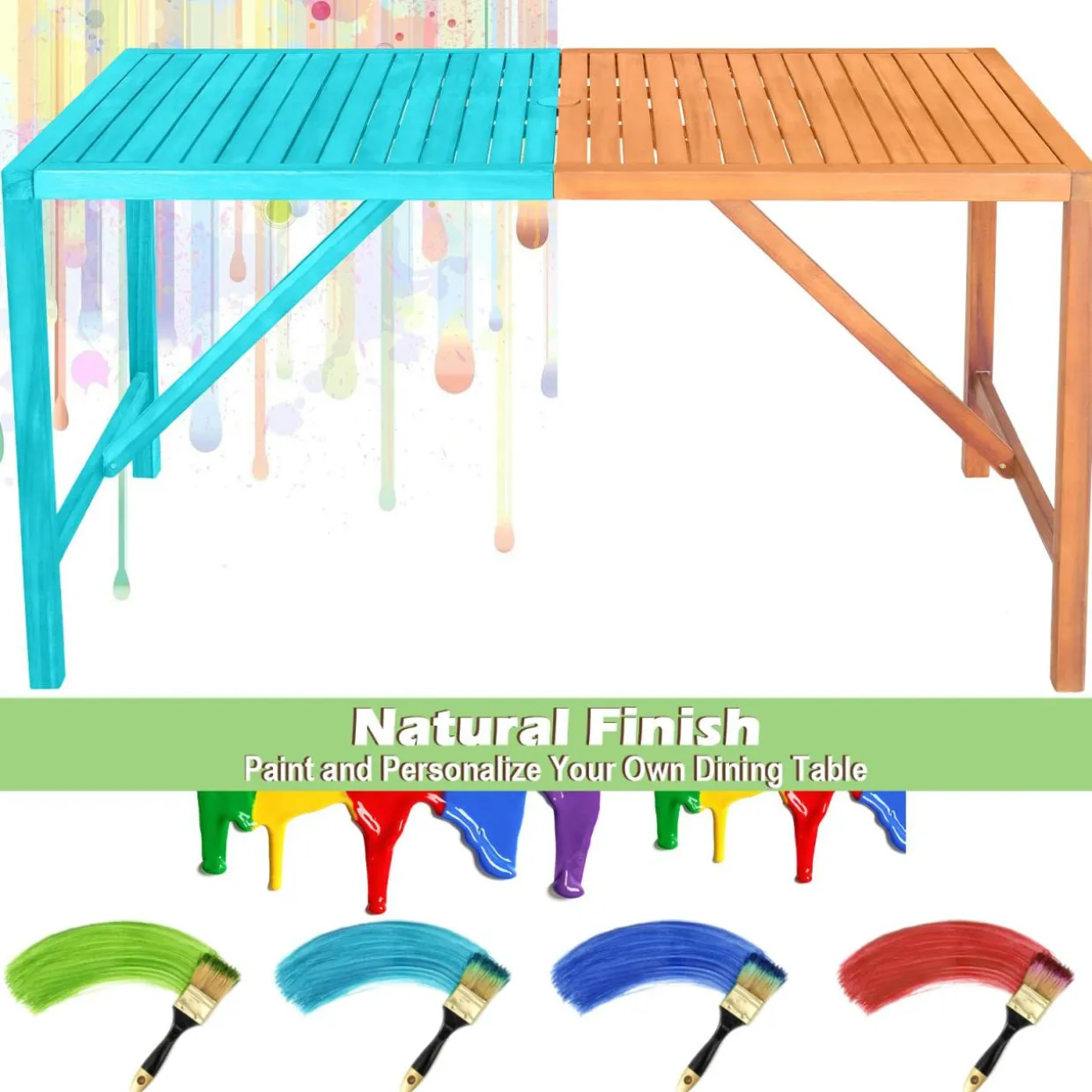 Tangkula Outdoor Rectangle Dining Table, Acacia Wood Table with 2 Inch Umbrella Hole, Spacious Slatted Tabletop for 6 Person