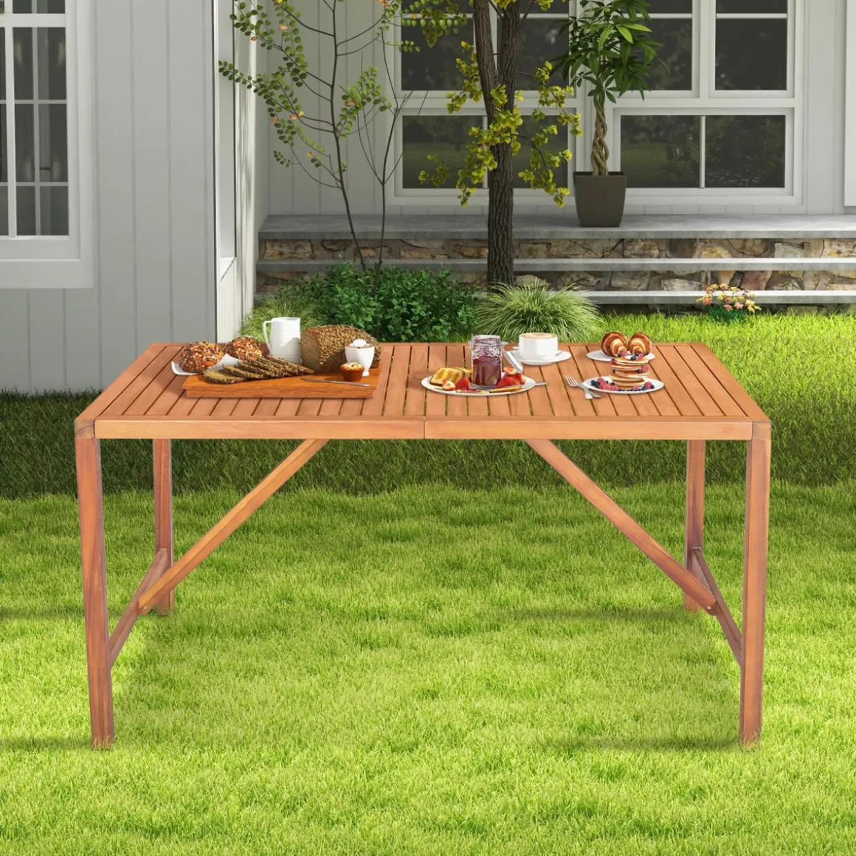 Tangkula Outdoor Rectangle Dining Table, Acacia Wood Table with 2 Inch Umbrella Hole, Spacious Slatted Tabletop for 6 Person