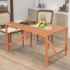 Tangkula Outdoor Rectangle Dining Table, Acacia Wood Table with 2 Inch Umbrella Hole, Spacious Slatted Tabletop for 6 Person